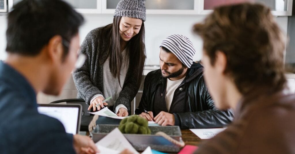 Marketing team working around a table