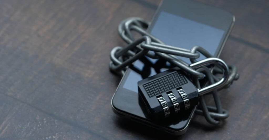 Smartphone locked with a chain and padlock
